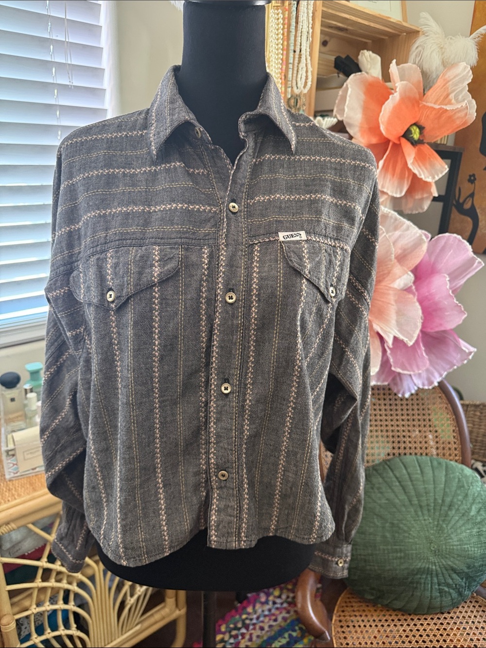 Vintage 80s Guess Georges Marciano Gray Embroidered Stripe Crop Button Up Shirt